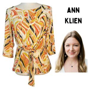 ANN KLEIN Orange & Gold Multi-Colored Tie Front Blouse - New With Tags Women's S